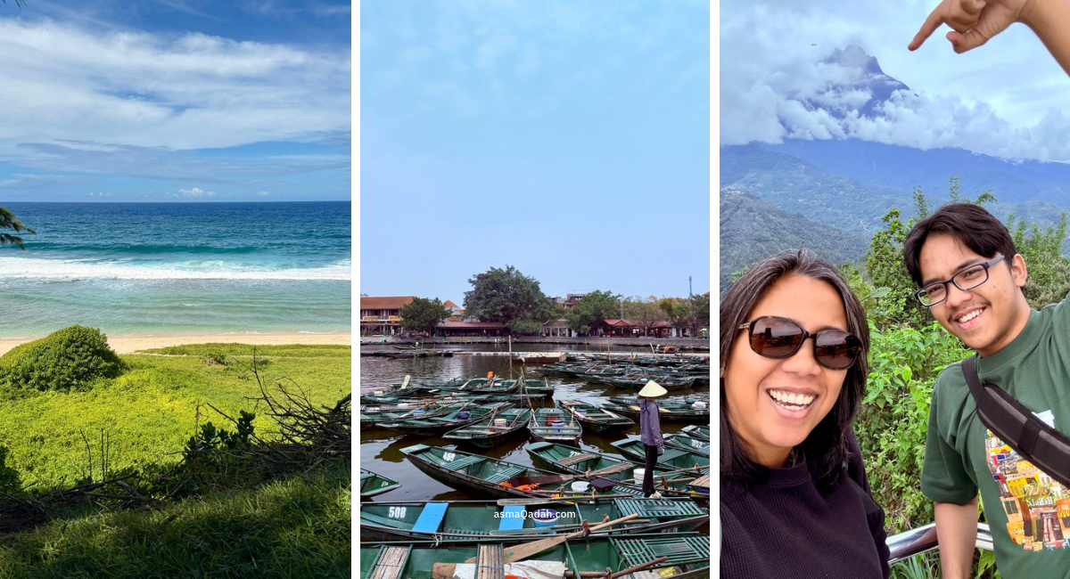 شاطئ مفتوح مع أمواج البحر وخط أفق واضح   قوارب خشبية تقليدية مصطفة على ضفة نهر في فيتنام   امرأة تبتسم في صورة ذاتية مع منظر جبلي في الخلفية