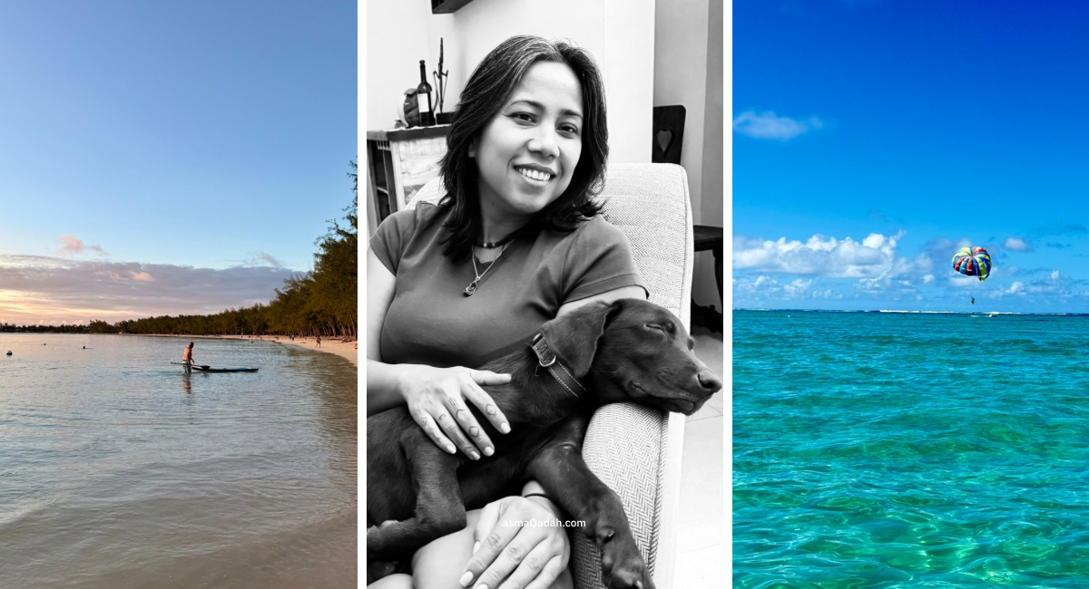 الطيران المظلي من قارب، فيما أسفلك مياه فيروزية في موريشوس  سينا، تتربع قلبي  الكثير من التأمل في الصباح على الشاطئ