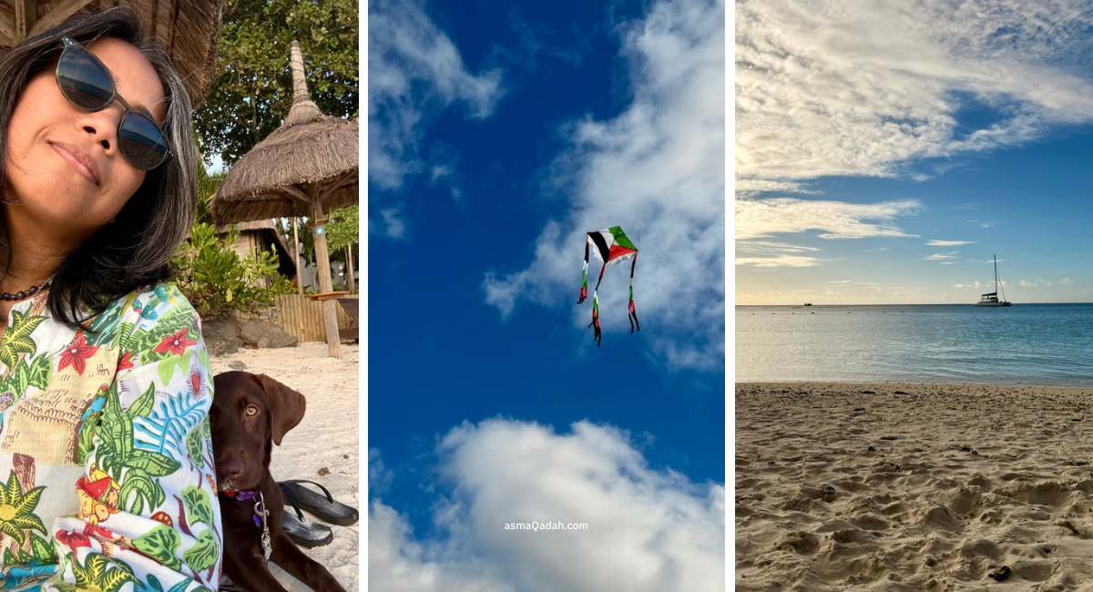 يونيو ٢٠٢٥، الشاطئ المفضّل لديّ في موريشوس، تجمْع خيري من أجل فلسطين، سينا تستمتع بالغروب معي على الشاطئ